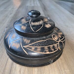 Vintage Handmade Hand Carved 7" Round Wooden Trinket Jewelry Storage Bowl w/ Lid